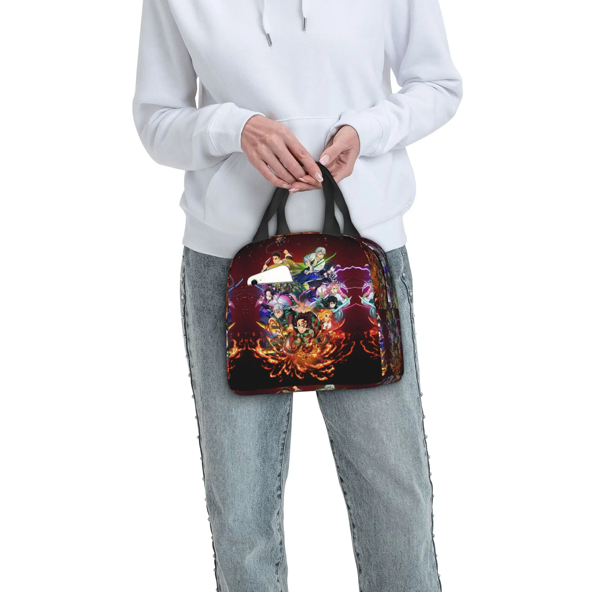 Custom Demon Slayers Portable Lunch Boxes Unisex Waterproof Manga Cooler Thermal Food Insulated Lunch Bag Office Work view 5
