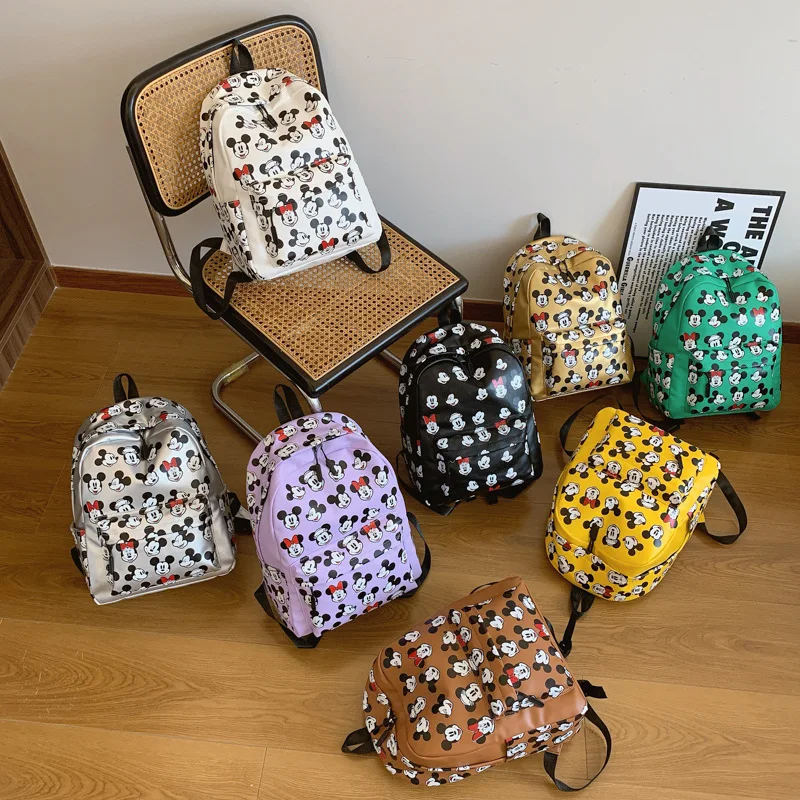 Disney Mickey Backpack Cute Cartoon PU Leather Laptop Bag Minnie Mouse Large Capacity School Bag for Women Fashion Tote Bag