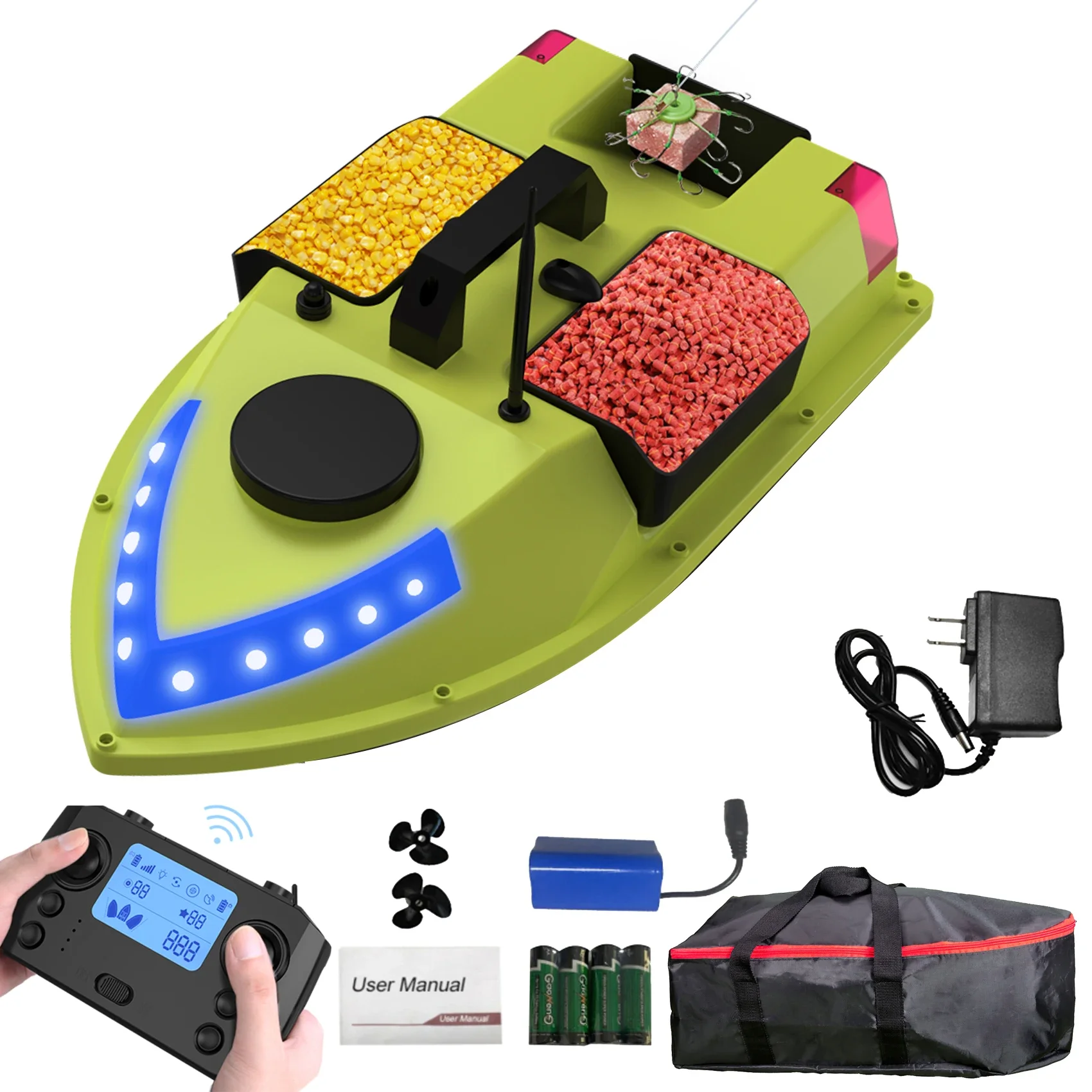 D20 99 Gps Positions RC Bait Boat for Carp Fishing with 3 Bait Hoppers and Multi Color Lights