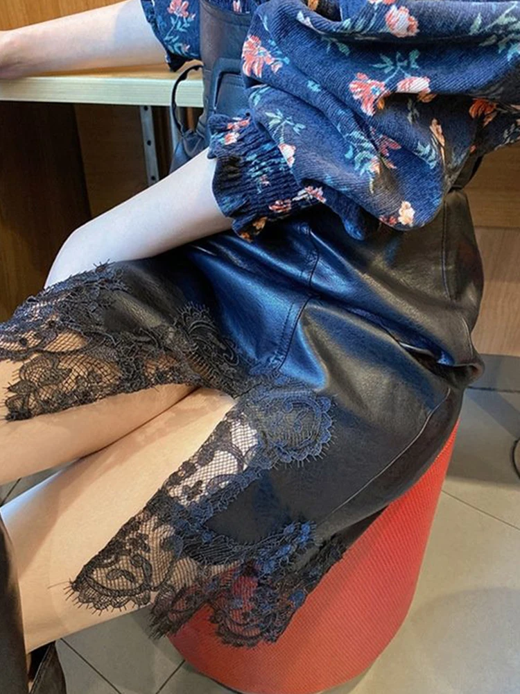 Women Sexy Lace Mesh Vintage Leather Skirt  Autumn New Streetwear Black Casual Belt Split Design Short Style Prom Skirt