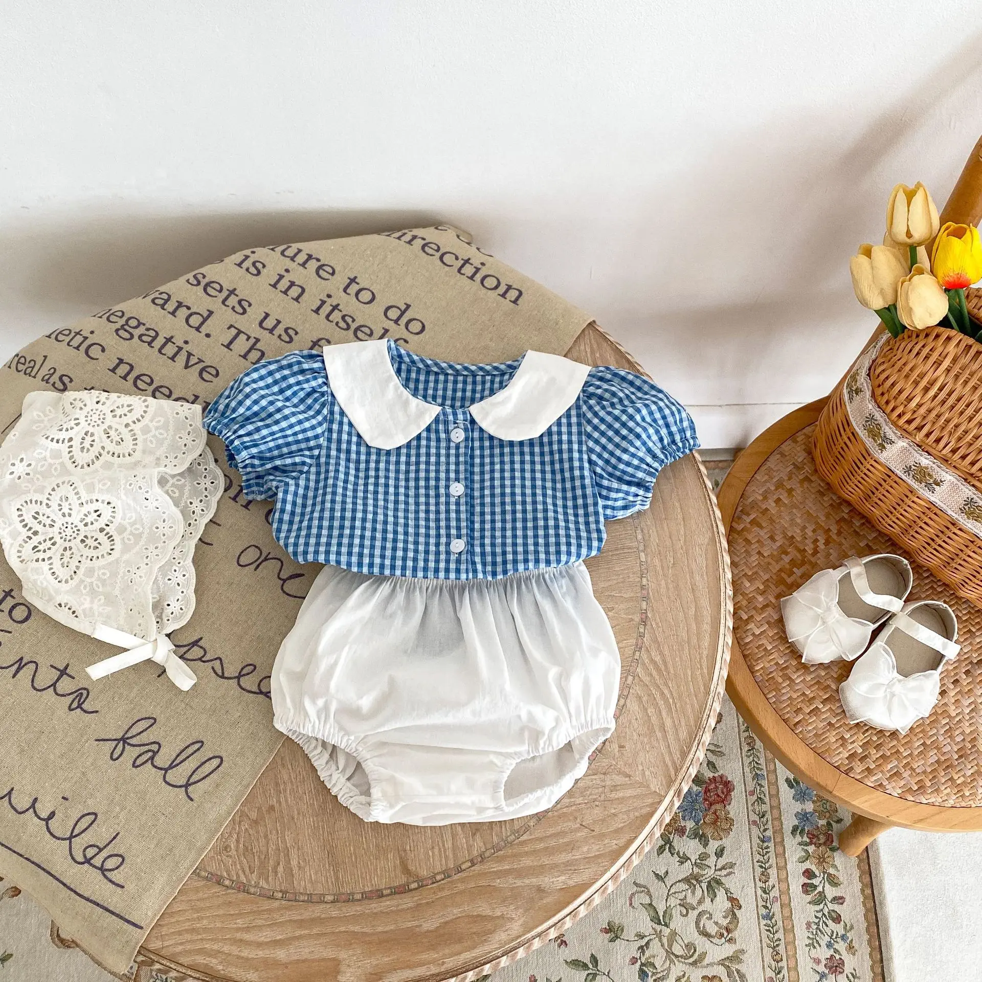 Summer Baby Boys And Girls Baby Trend Delicate Cute Bunny Doll Collar Plaid Top + Solid Color All-Matching Bread Pants 2 Sets