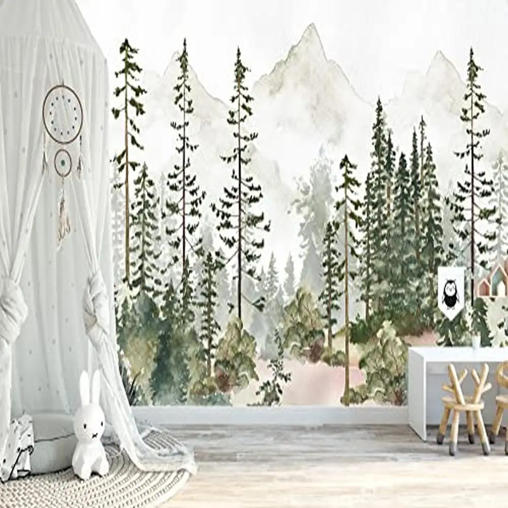 Watercolor Forest Mountains Peel Stick Wallpaper Self Adhesive Fabric Nursery Woodland Decal Custom Sizes Opaque Water Resistant