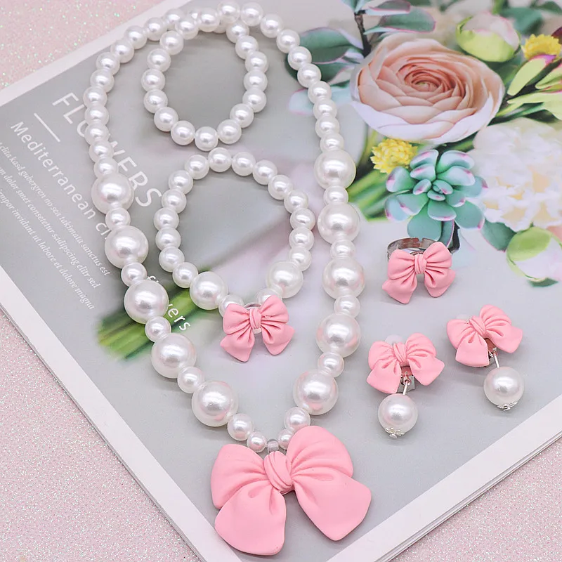 2/4Pcs Children 's Necklace Set Cute Bowknot Pendant Pearl Necklace Bracelet Ear Clip Girl Jewelry Accessories Girls Gifts