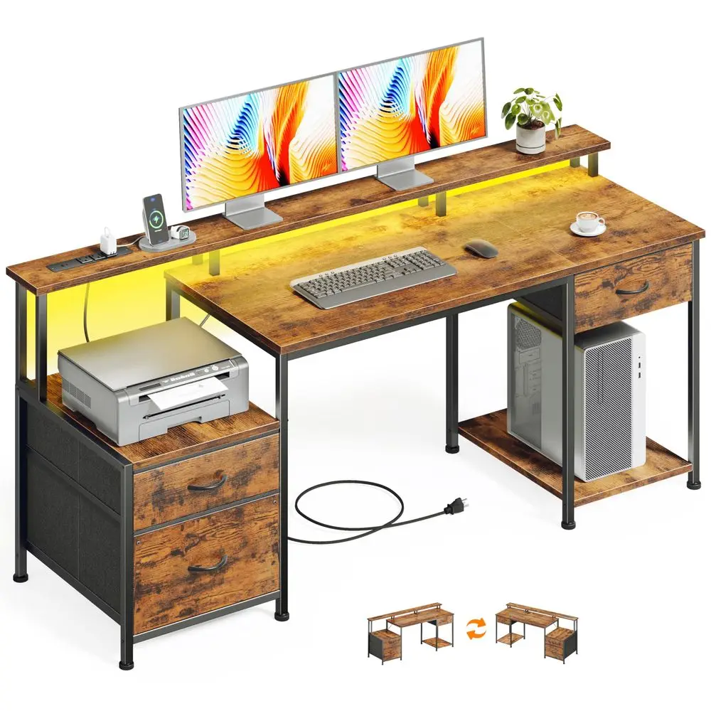 55 Computer Desk with LED Lights amp Power Outlets, Reversible Home Office Desk with File Fabric Drawers, Printer Space, Monito