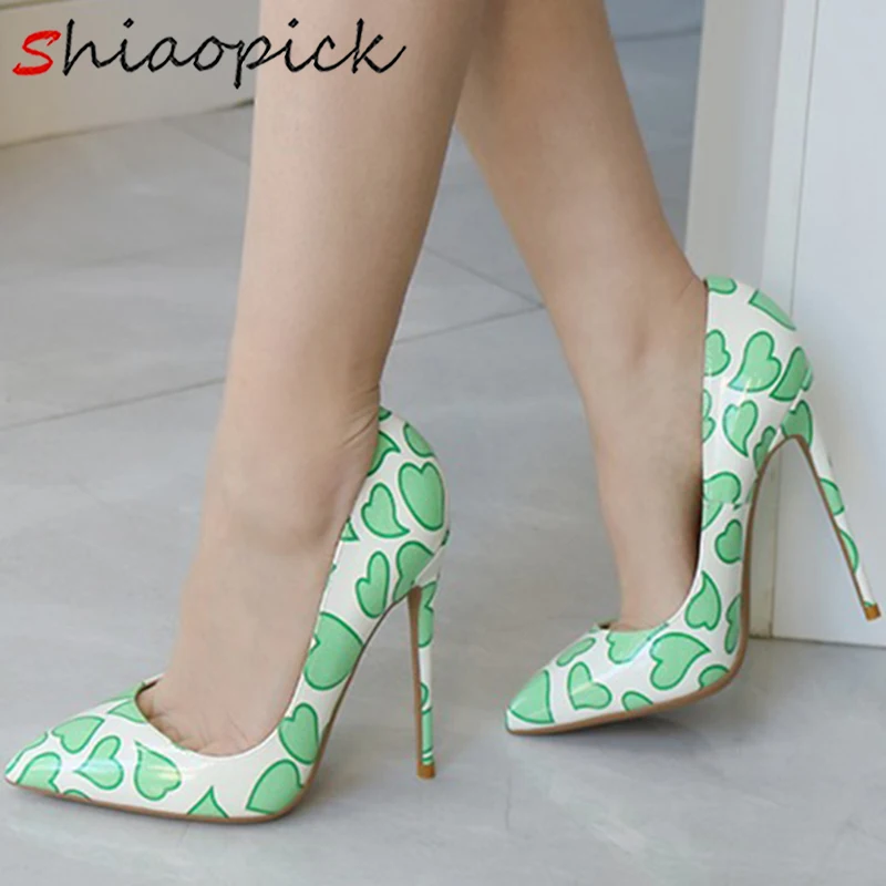 

Fashion Green Heart Pattern Mujer 12cm Extreme High Heels Chic Women's Leather Pumps Size45 46 StilettosModel Show Single Shoes
