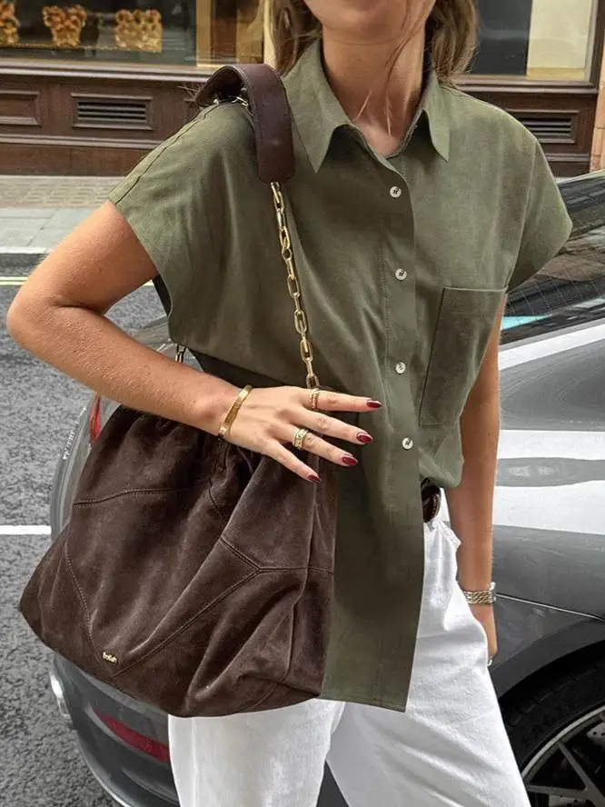 

Women's Loose Lapel ort-Sved irt Medium And Long Top Commute Sle Color Other 00% Material oulder-Length Design