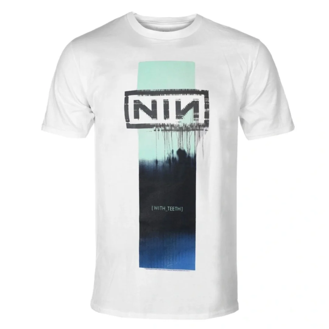 Camiseta com estampa de arte com dentes da banda Nine Inch Nails - Camiseta da banda de rock industrial para homens e mulheres