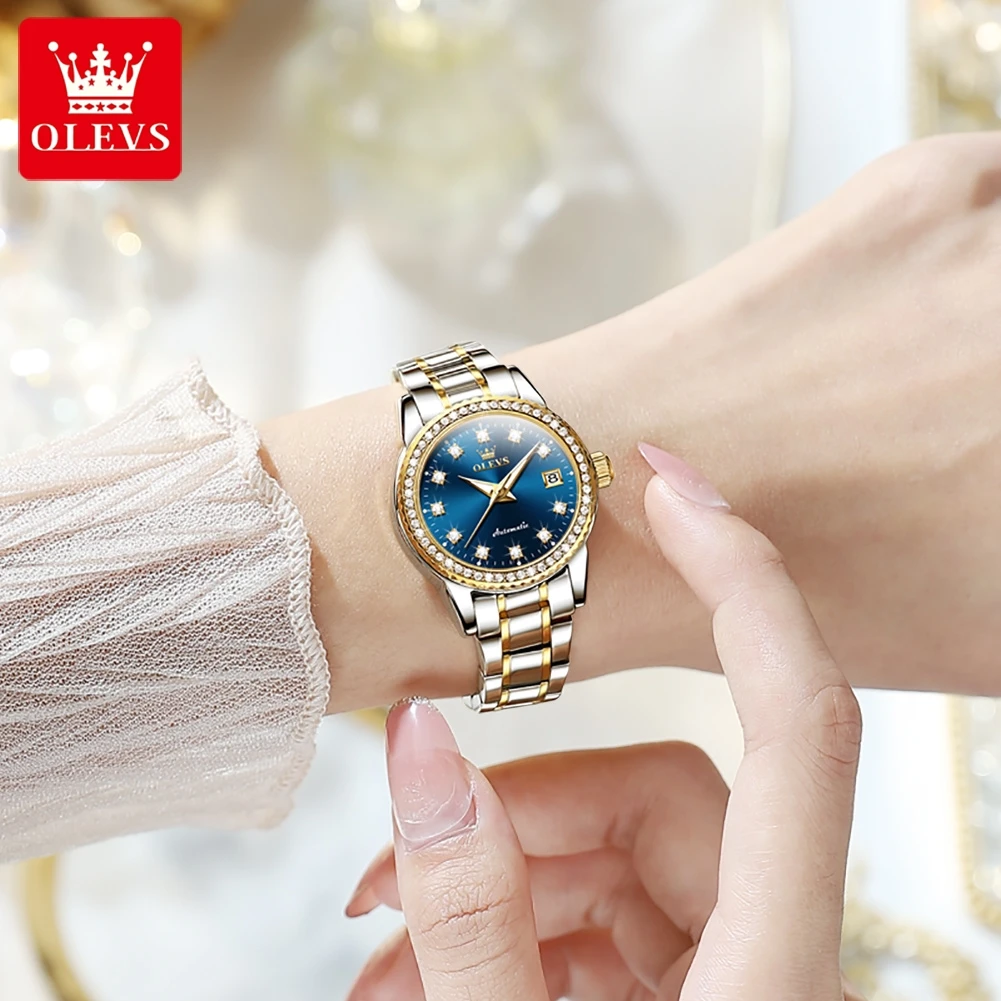 Relojes OLEVS para mujer, reloj mecánico automático Original a la moda para mujer, esfera de diamante brillante, fecha luminosa resistente al agua