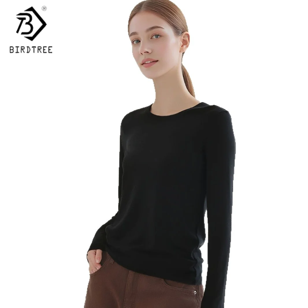 

Birdtree,Wool Blended Undershirt,Women O-neck Basics Warmth Tops,Full Sleeve,2025 Autumn Winter Soft Shirt,White,Black T5D123JF