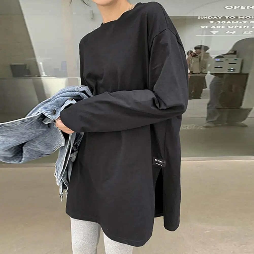 White Women T-shirt Round Neck Loose Long Sleeve Two Side Split Tee Shirt Pullover Spring Autumn Casual Loose t shirt Oversize