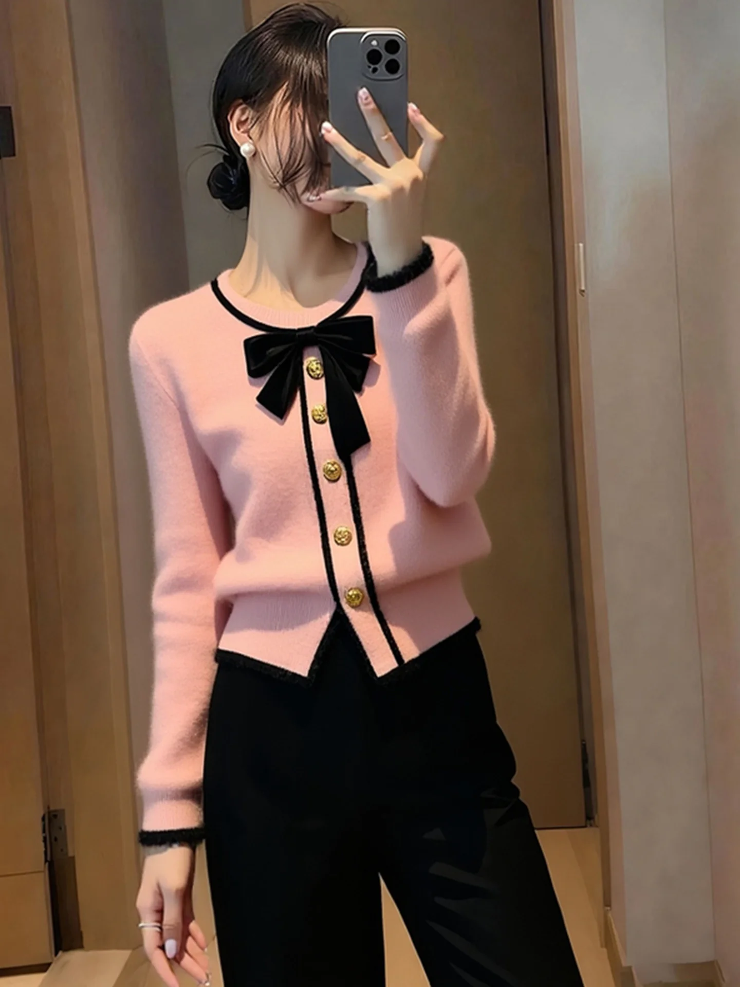 Trendy Color Blo  Knot Camere Knitted Sweater Long Sve Casual Winter Top Sweet Youthful Versatile Commute Sle