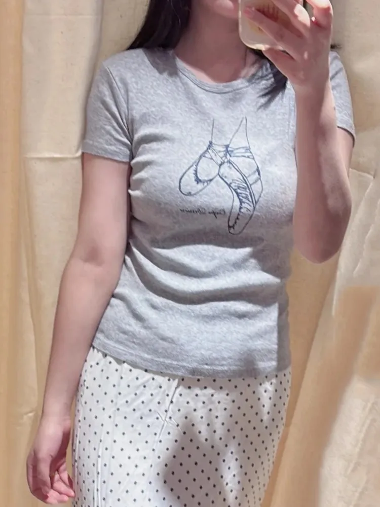 

Sweet Ballet Shoes Print Slim T-shirt Women Casual Chic Cotton Round Neck Short Sleeve Tee Shirt Cute Preppy Style Y2k Tshirts