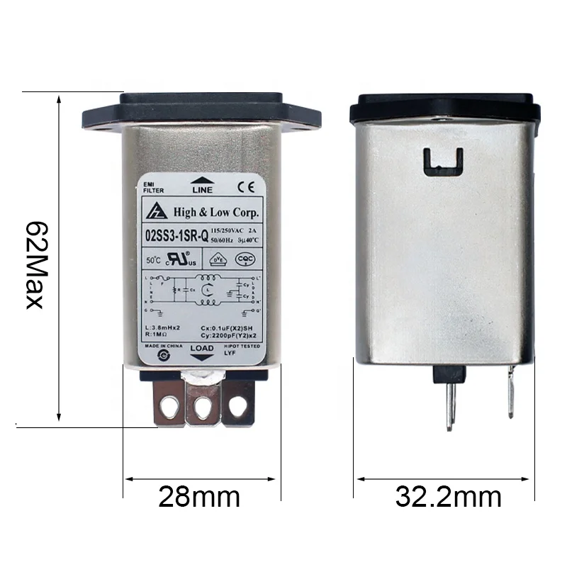 Fast-on Terminal Power Entry Module Filters 2A EMI Power Filter IEC C14 with single fuse holder