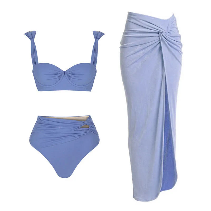 Summer Women's High Waist Swimsuit Randy Color One-Piece Bodysuit Sexy Bikini Set Beach Style Wear with Maxi Dress Skirt