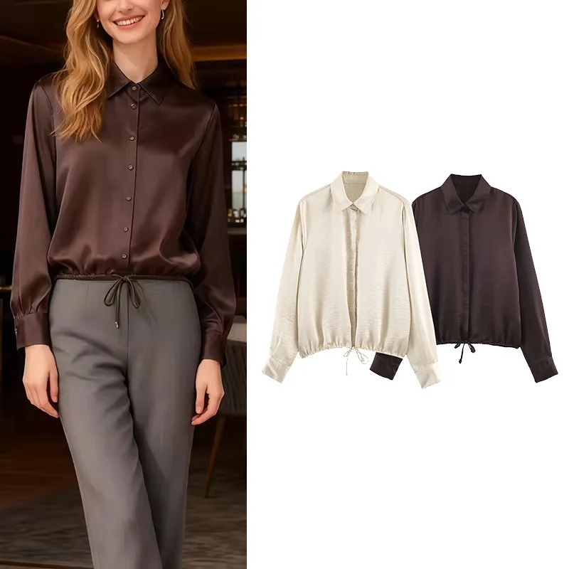 

Женская атласная рубашка с завязками по низу, отложным воротником, длинными рукавами и пуговицами, однотонная, простая, топы и блузки для женщин