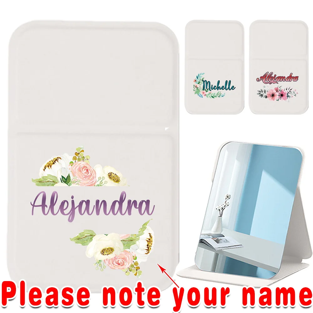 PU Hand-Held Maquiagem Espelho com Nome Personalizado, Desktop Stand, Couro Proteger Capa, Dobrável Ferramenta Cosmética, Acessório Portátil Beleza