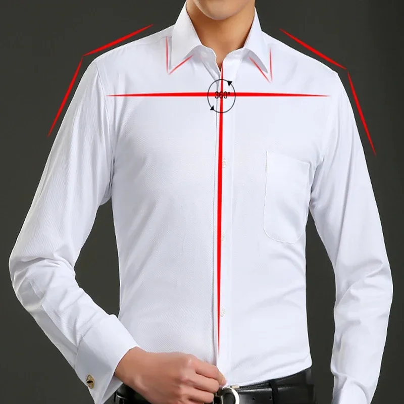 

Solid Mens Classic French Cuffs Dress Shirt Long Sleeve Covered Placket Formal Business Standard-fit Design Wedding White Shirts