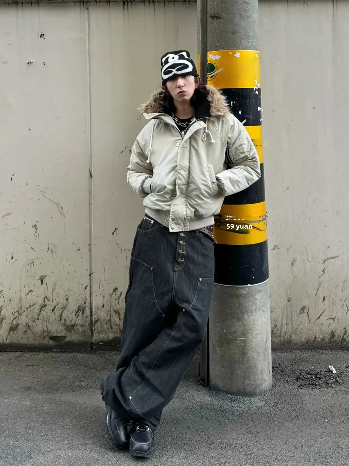 Vintage American Street Style Men's Workwear Jeans Multiple Buttons  Washed Loose Casual Straight Leg Pants