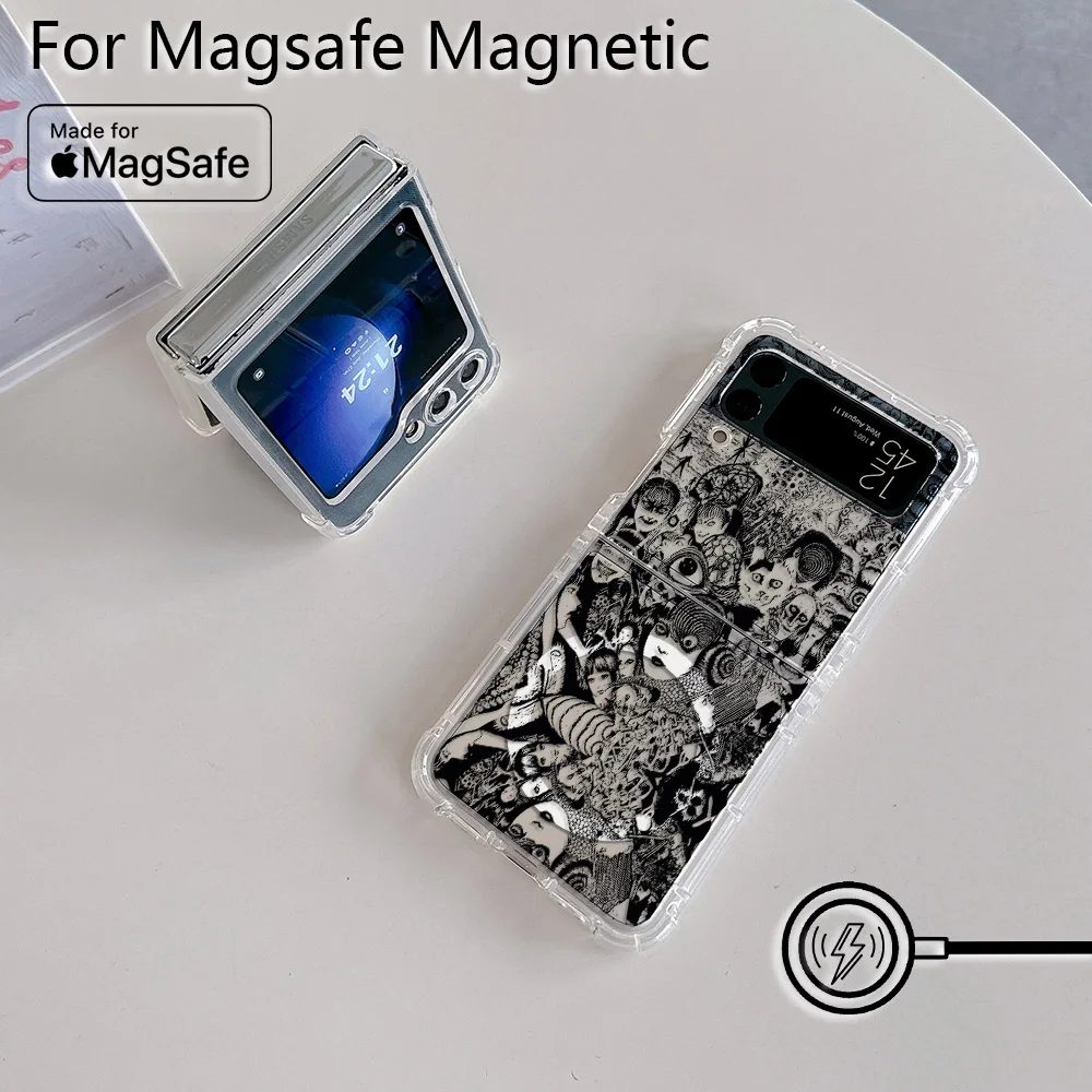 Anime Junji Ito Terror Horror Magsafe Magnetic Phone Case for Samsung Galaxy Z Flip 3 4 Z Flip 5 6 Z 5G Soft Transparent Cover