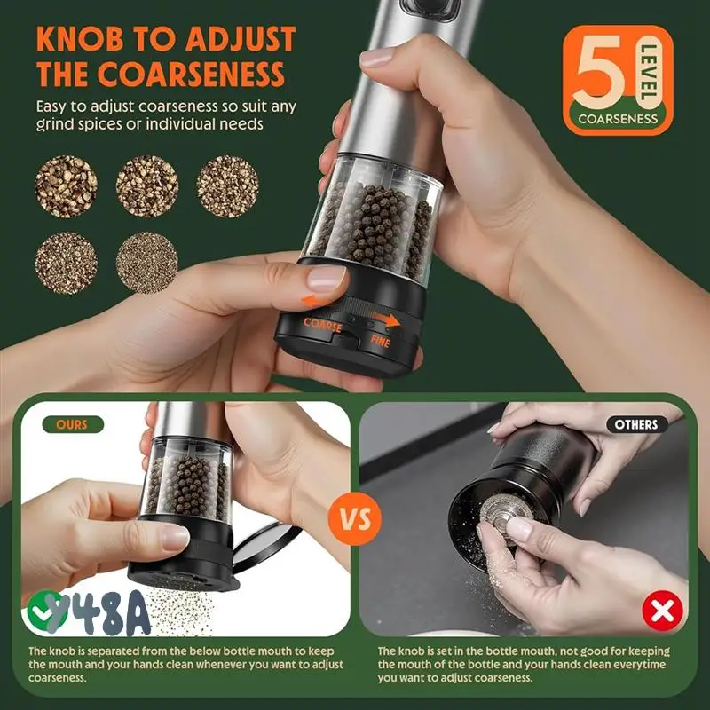 

Electric Salt And Pepper Grinder Set Adjustable Coarseness Rechargeable For Kitchen-Y48A