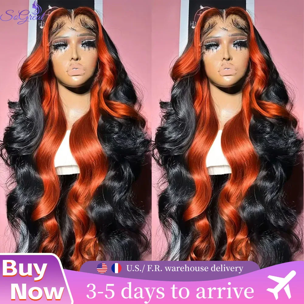 

30 Inch Body Wave Wigs Human Hair Ginger Orange 1B/350 13x6 HD Lace Frontal Wig 200% Density Brazilian Remy Ombre Human Hair Wig
