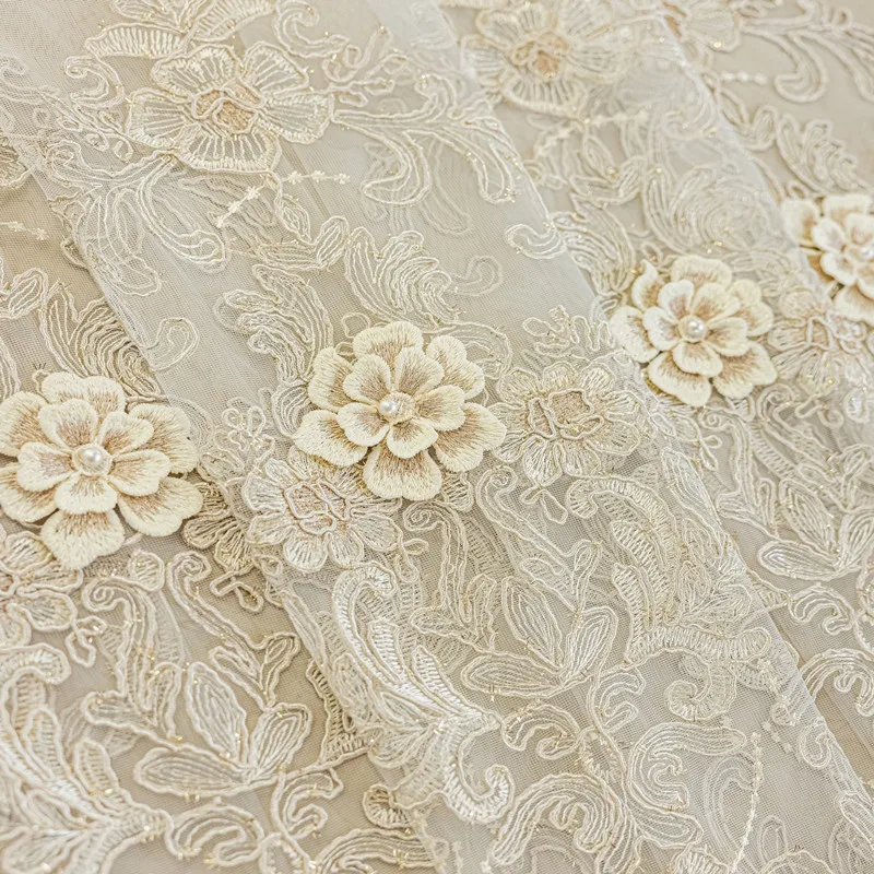 Custom Luxury Embroidered Voile Curtain, European White Lace Sheer with Scalloped Edge for Villa Living Room