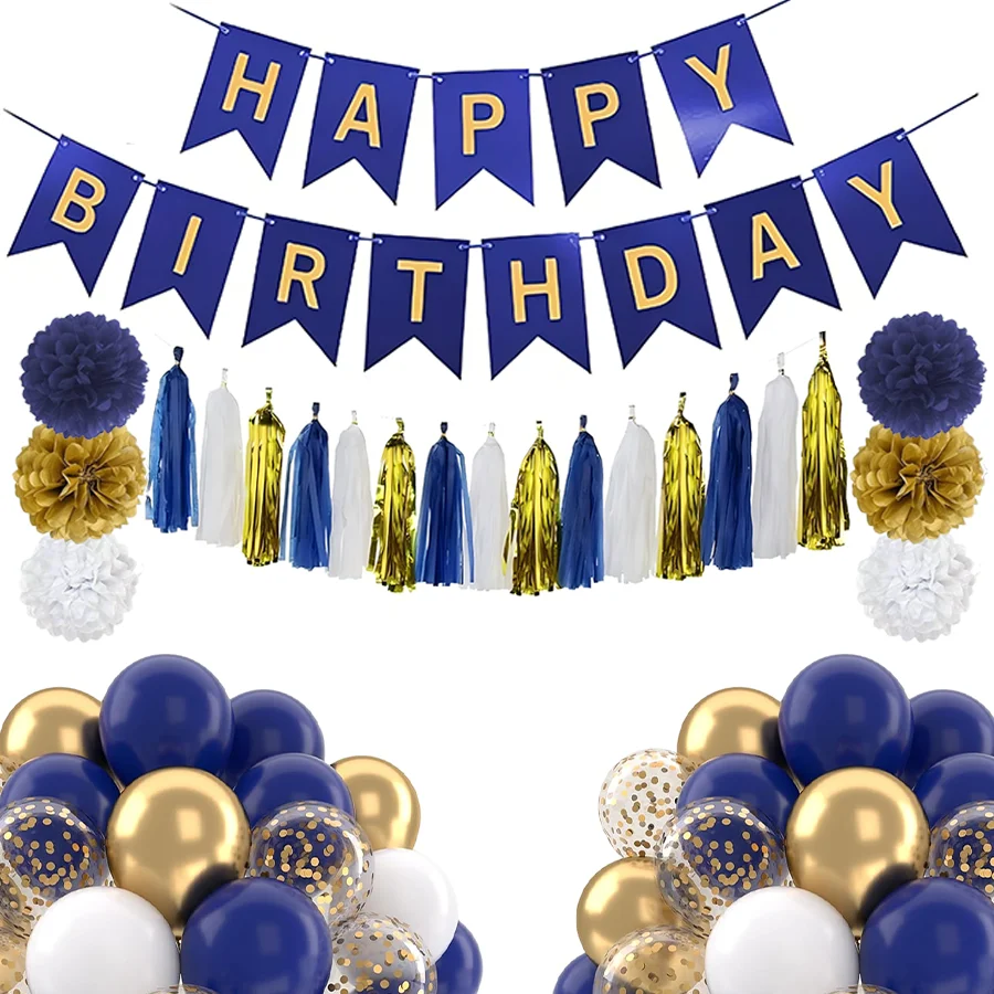 Kit de Decorações para Festa de Aniversário Azul Marinho, Dourado e Branco para Homens, Banner, Balões, Guirlanda de Franjas, Pompons, Azul, Branco e Dourado