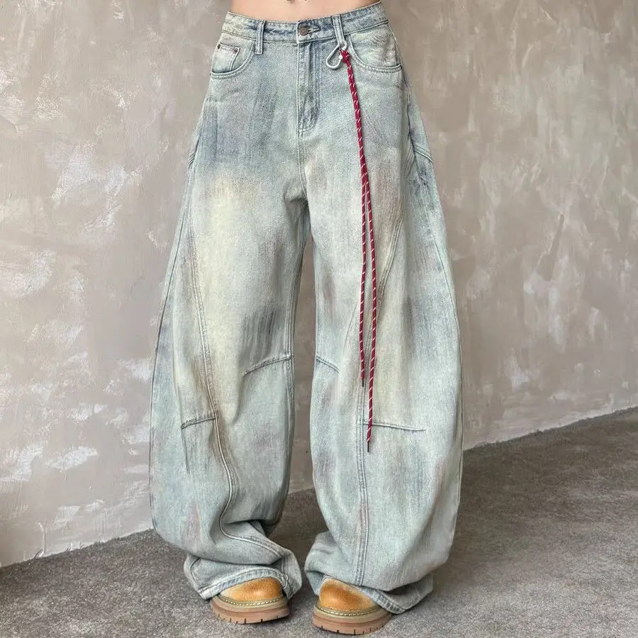 Damskie jeansy vintage w kolorze jasnoniebieskim Y2k, luźne, Harajuku, estetyka japońska, szerokie nogawki, spodnie dżinsowe, spodnie cargo, ubrania trashowe.