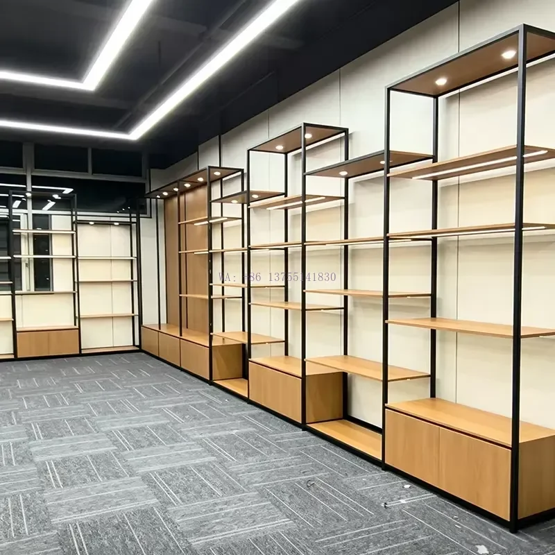Factory Direct Custom Display Cabinet with LED Lighting Metal and Wood Shelves for Boutique Shops Shoe Stores Cosmetic Store