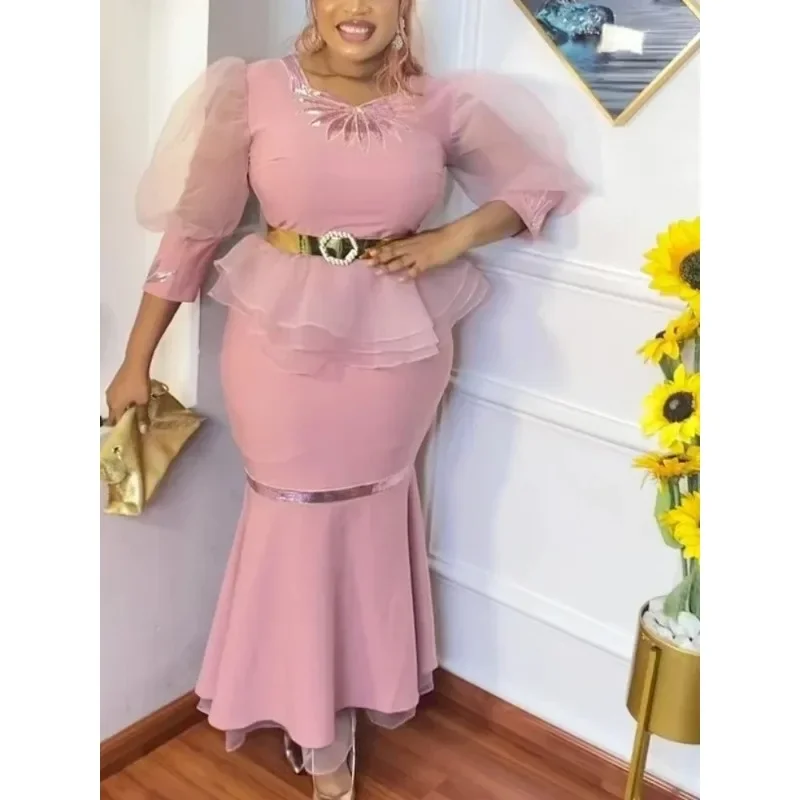 

African Women Ruffle Hem Two Pieces Set Formal Elegant Peplum Tops Tulle Puff Sleeve Mermaid Skirt Evening Party Cerebrity Suits
