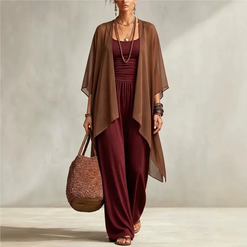 Autumn New Sexy Bandeau One Piece Pants Set Women's Two Piece Set Casual Loose Fitting Wide-leg Pants Plus Shawl Tops Set Female