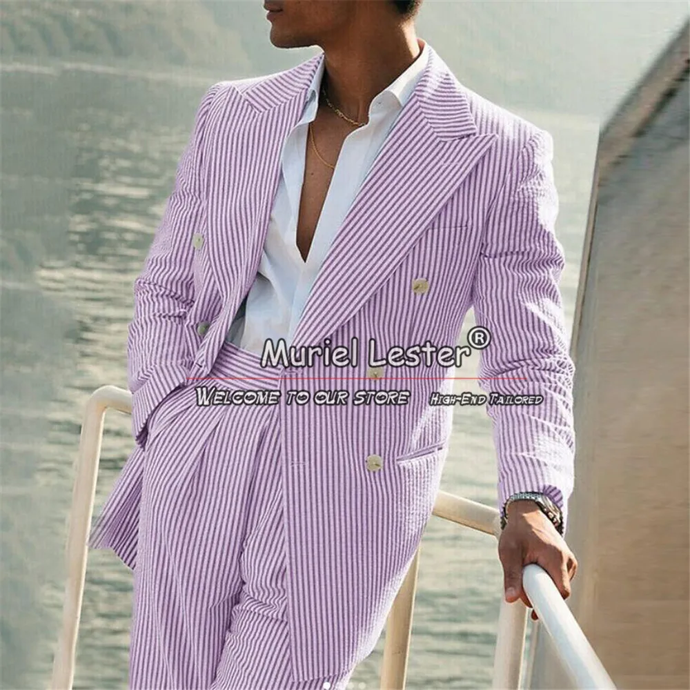 Summer Business Suit Men Double Breasted Jacket Pants 2 Pieces Groom Wedding Tuxedos Customized Striped Pattern Notch Lapel Coat