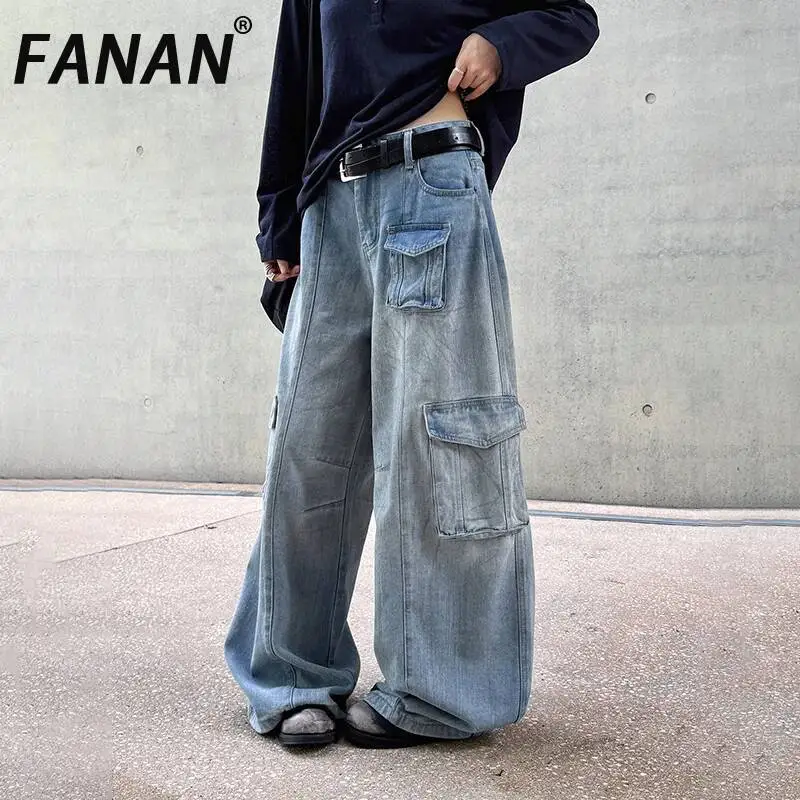 

FANAN Summer New Korean Style Workwear Washed Vintage Multi-Pocket Patchwork Loose Jeans For Women Streetwear Trousers