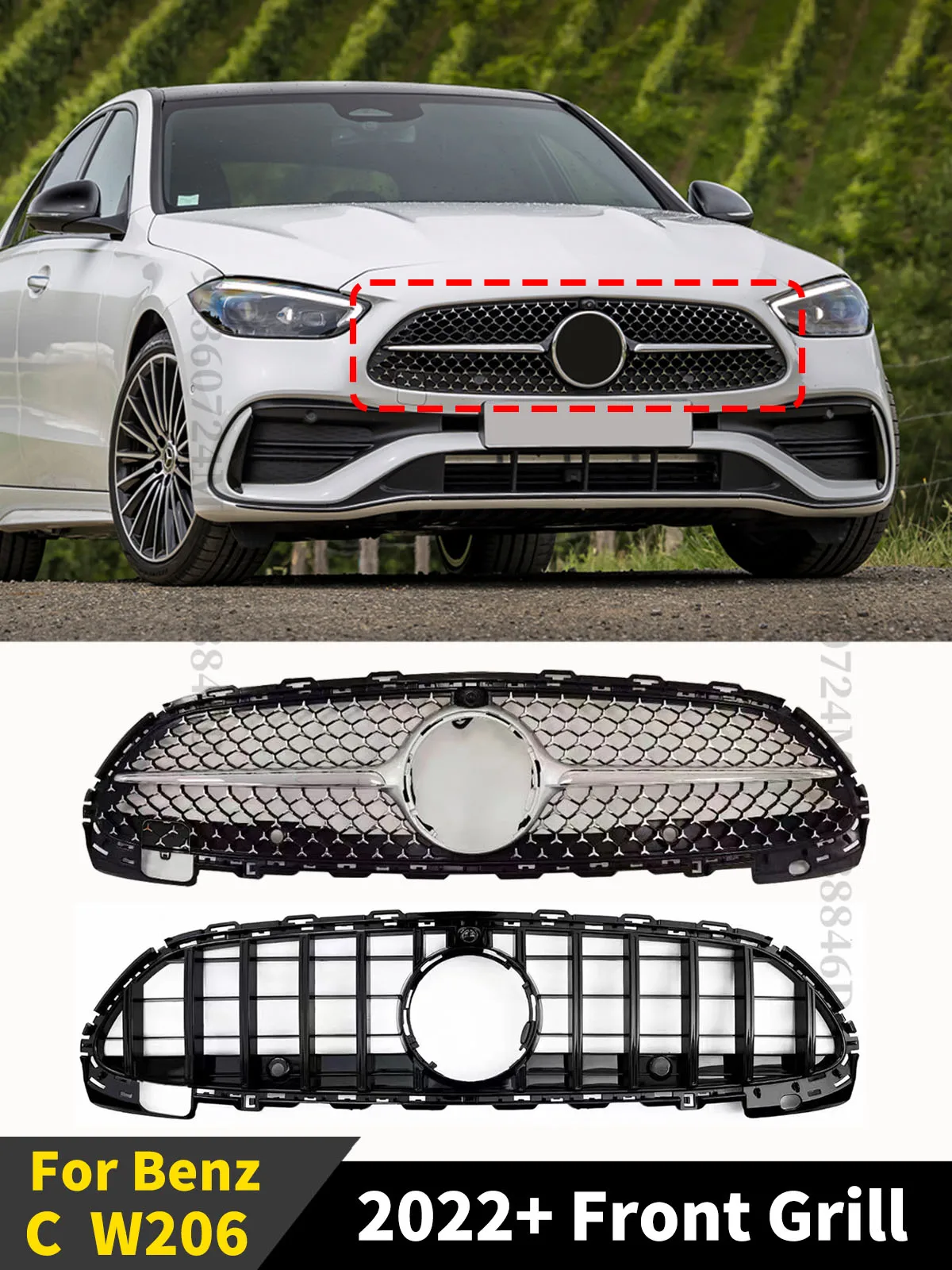 

Front Radiator Grille Racing Inlet Bumper Grill Grid Tuning Accessories For Mercedes Benz C W206 2022 2023 GT Diamond Style Mesh