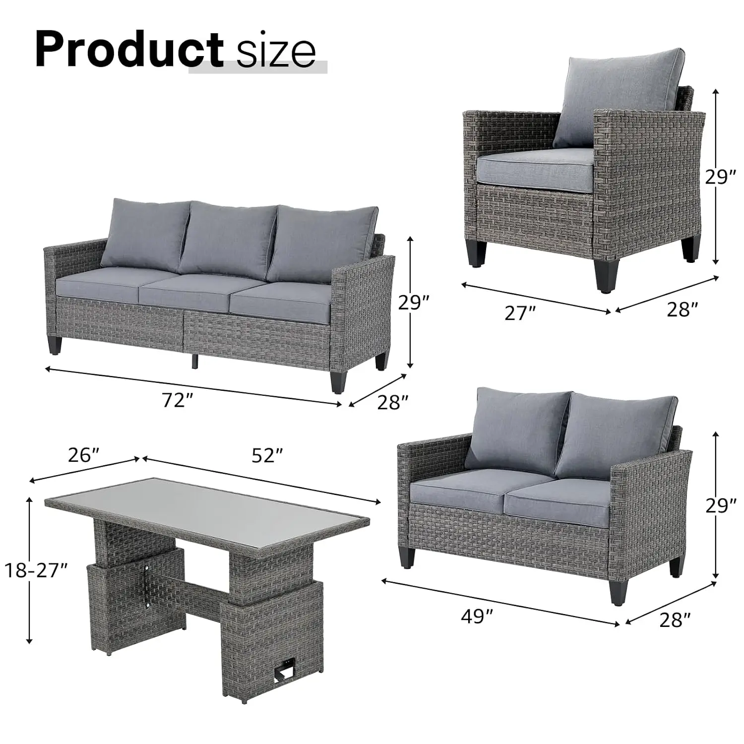 Outdoor Patio Wicker Sofa Set 5-Piece Sectional with Lift Coffee Table 3-Seat & Loveseat Grey Cushion, Customized
