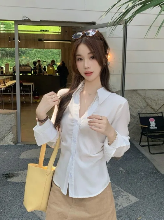 

Белая женская длинная све irt, винтажная универсальная одежда премиум-класса с застежкой на талии, осень 2021, модная женская одежда премиум-класса