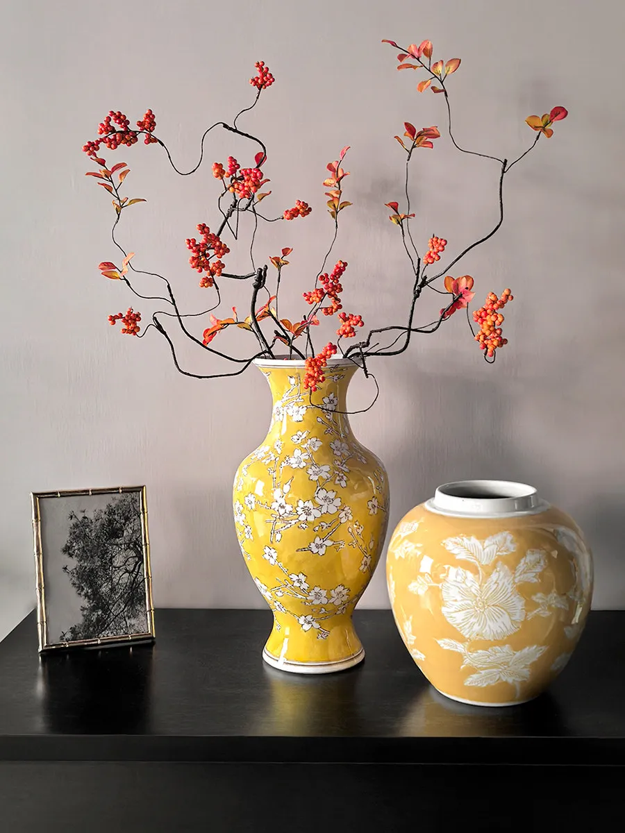 Chinese Yellow Porcelain Vase White Plum Blossom Pattern Retro Ceramic Flower Vase 36cm Tall for Living Room Tabletop Home Decor