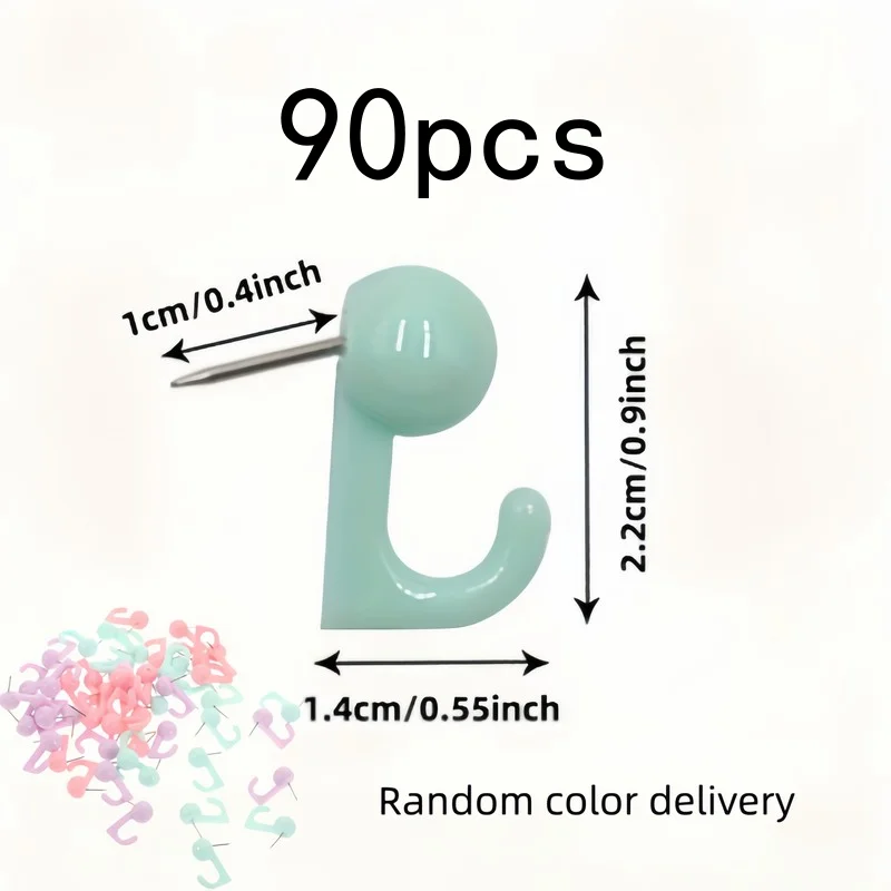 90 pcs Random Color Push Pin Hooks, Sturdy, for Hanging Keys and Small Items on Corkboards and Photo Walls