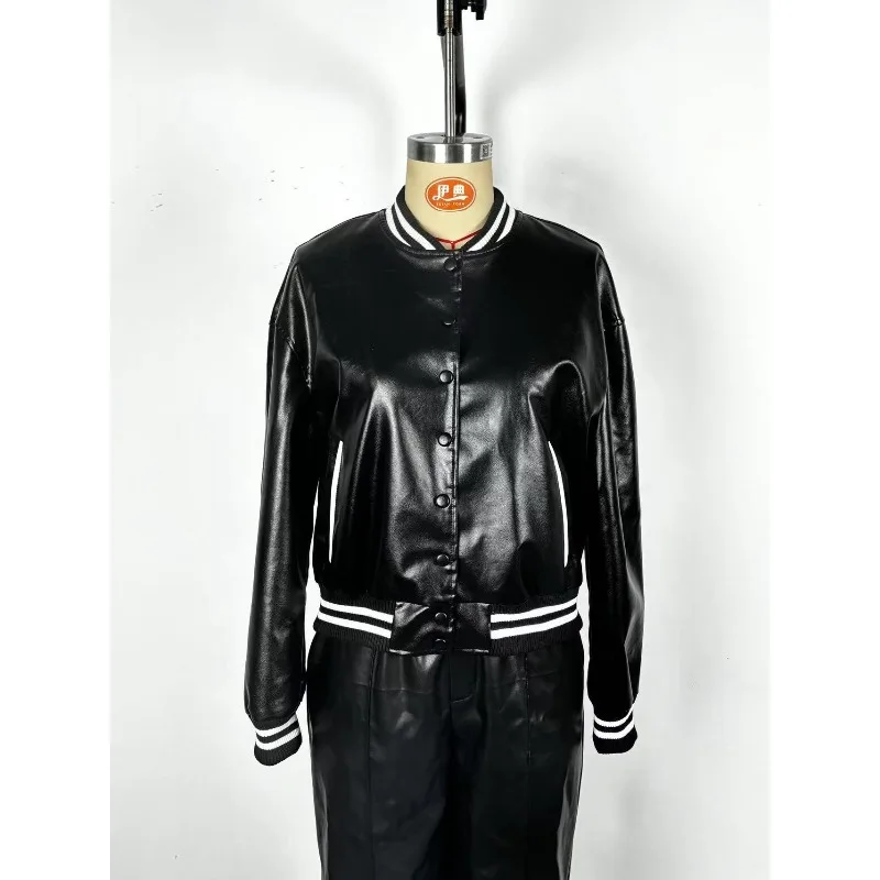Lässige Damenjacke, Herbst 2022, neue modische und vielseitige Streetwear-Baseball-Pu-Leder-Langarmmäntel für Damen