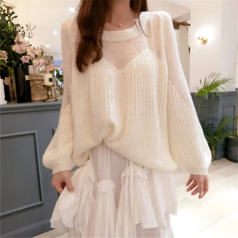 Women Fashion Thin Soft Knitted Sweater Lantern Sleeve Hollow Loose Casual Pullover O Neck Red White Blue Pink Knit Tops Jumper