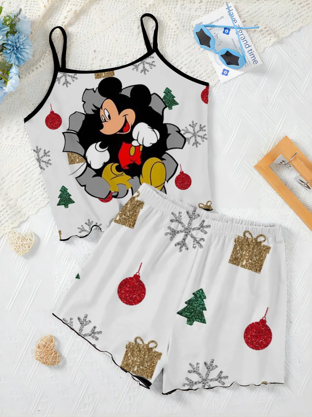 Minnie Mouse Home Dress Lettuce Trim Elegant Women's Sets for Women 2 Pieces Top T-shirt Mickey Christmas Disney Pajama Skirt