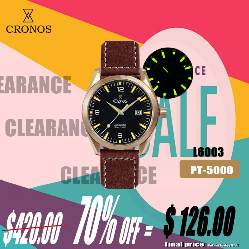 Cronos Diver Men Watch Bronze CuSn8 Automatic PT5000 SW200 Sapphire Crystal See through Back Leather Strap 20ATM DATE L6003