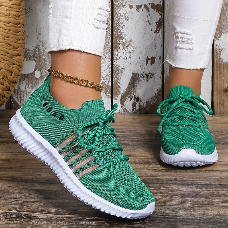 Lightweight Breathable Running Shoes for Women Non Slip Knitted Green Sneakers Woman Soft Sole Slip On Casual Flats Plus Size 43