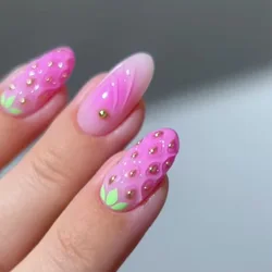 24pcs Cute 3D Strawberry False Nails Gradient Purple Fake Nails Full Cover Wearable Ins Short Round Press on Nails for Girls