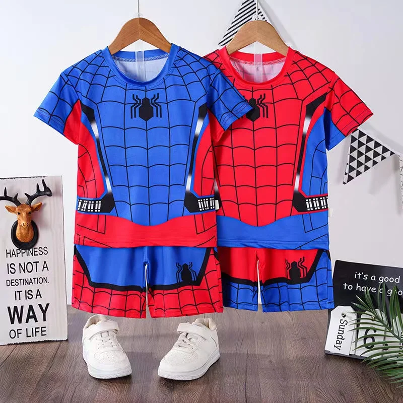 Summer Kid Pajamas Set Baby Boy Clothes Pant Children Short Sleeve Sleepwear Cartoon Captain America Spiderman Toddler Pyjamas