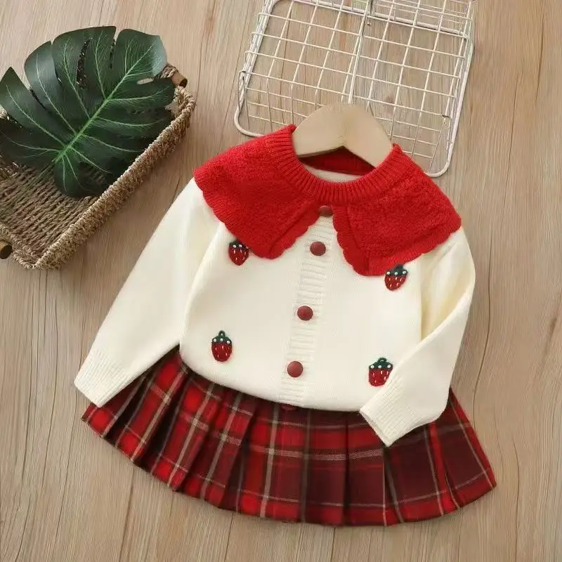 2-6Year Girls' Knitted Cardigan Set Check Skirt - Autumn 2026 New Arrival Strawberry Collar Baby Girl Red Knit Ensemble 90-130cm