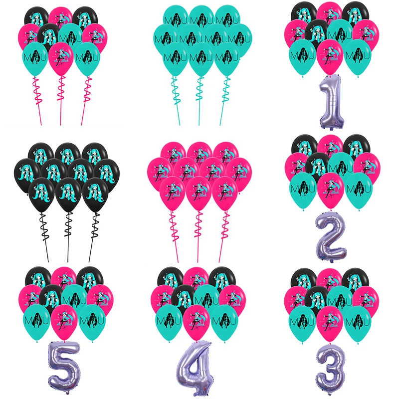 11PCS Hatsune Miku Theme Latex Balloon Set with Purple Number 32inch 1-9th Kids Birthday Party Favors Baby Shower Helium Globos