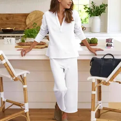 Women Casual Loose 2pcs Set Elegant Autumn Solid Color Long Sleeve Pullover Top And Wide Leg Long Tracksuit Set Female Outfit
