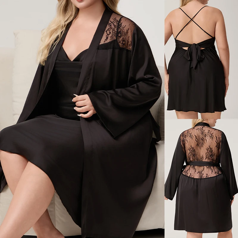 

Plus Size Patchwork Lace 2PCS Robe Nightgown Set Sexy Lingerie Nightdress Women's Sleepwear Loose Casual Loungewear Homewear 5XL