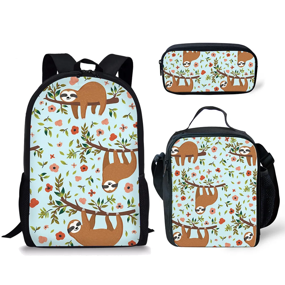 Tas punggung motif Sloth Lucu Kawaii 3 buah/set tas sekolah pelajar laki-laki perempuan tas makan siang tas pena penyimpanan harian remaja ransel